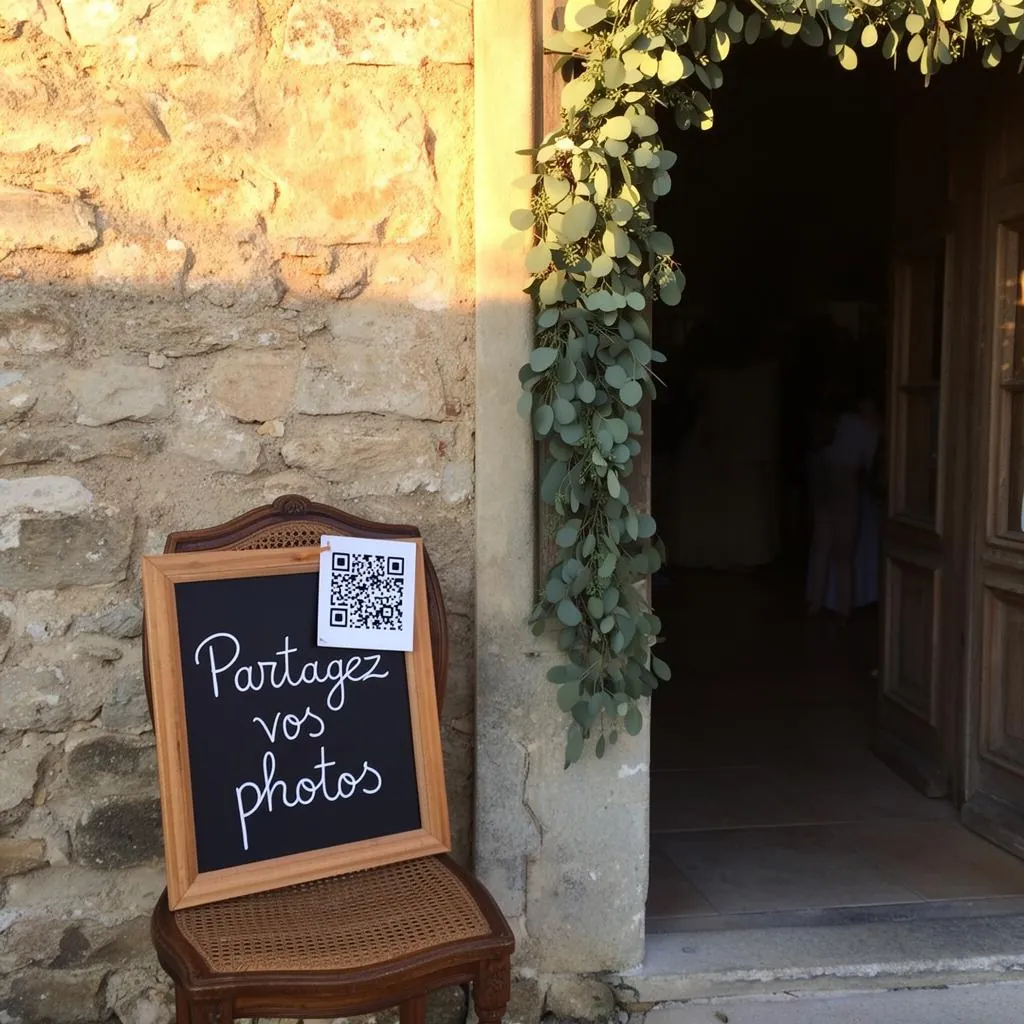 Ardoise « Partagez vos photos » avec QR code, à l'entrée de la salle garnie d'eucalyptus.