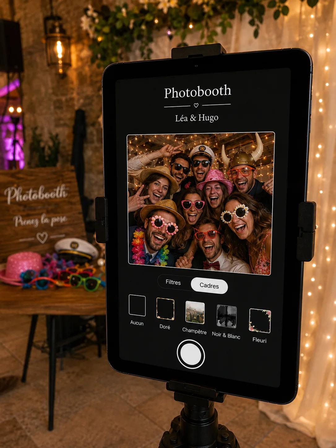 Le photobooth Photora sur une tablette posée sur trépied pendant un mariage.